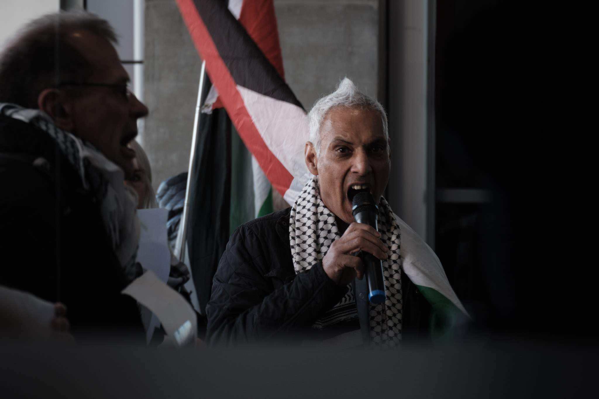 Pro-Palestinian protestors demonstrate against media coverage of the War in Gaza